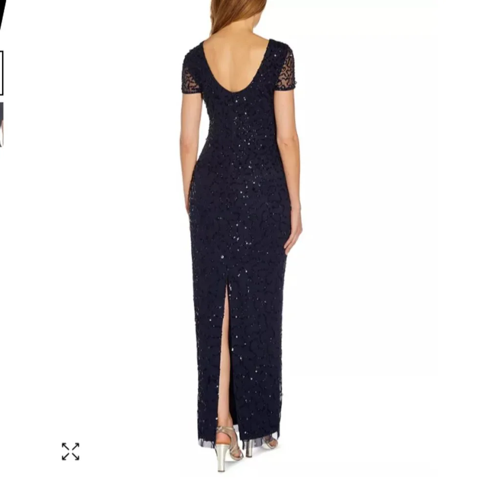 Adrianna Papell Low Back Beaded Sequin Navy Blue Column Gown Size 6 - Picture 2 of 6